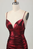 Burgundy Short Tight Ruched Spaghetti Straps Metallic Prom Dress