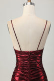 Burgundy Short Tight Ruched Spaghetti Straps Metallic Prom Dress