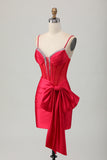 Sparkly Beaded Red Tight Corset Short Prom Dress with Bow