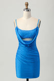 Sparkly Blue Tight Beaded Short Ruched Prom Dress with Drapes