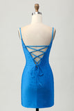 Sparkly Blue Tight Beaded Short Ruched Prom Dress with Drapes