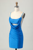 Sparkly Blue Tight Beaded Short Ruched Prom Dress with Drapes
