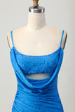 Sparkly Blue Tight Beaded Short Ruched Prom Dress with Drapes