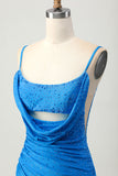 Sparkly Blue Tight Beaded Short Ruched Prom Dress with Drapes