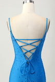Sparkly Blue Tight Beaded Short Ruched Prom Dress with Drapes