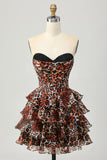 Khaki Leopard Print Corset Strapless Tiered Short Prom Dress with Ruffles