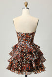 Khaki Leopard Print Corset Strapless Tiered Short Prom Dress with Ruffles
