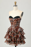 Khaki Leopard Print Corset Strapless Tiered Short Prom Dress with Ruffles