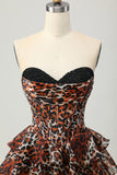 Khaki Leopard Print Corset Strapless Tiered Short Prom Dress with Ruffles