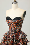 Khaki Leopard Print Corset Strapless Tiered Short Prom Dress with Ruffles