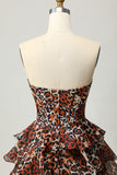 Khaki Leopard Print Corset Strapless Tiered Short Prom Dress with Ruffles