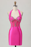 Sparkly Tight Halter Fuchsia Corset Short Prom Dress with Rhinestones