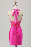 Sparkly Tight Halter Fuchsia Corset Short Prom Dress with Rhinestones