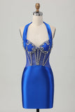 Sparkly Tight Halter Fuchsia Corset Short Prom Dress with Rhinestones