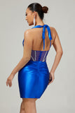 Sparkly Royal Blue Corset Halter Bodycon Short Prom Dress with Rhinestones