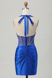 Sparkly Tight Halter Fuchsia Corset Short Prom Dress with Rhinestones
