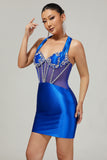 Sparkly Royal Blue Corset Halter Bodycon Short Prom Dress with Rhinestones