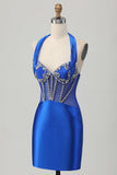 Sparkly Tight Halter Fuchsia Corset Short Prom Dress with Rhinestones