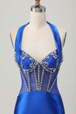 Sparkly Tight Halter Fuchsia Corset Short Prom Dress with Rhinestones
