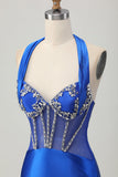 Sparkly Tight Halter Fuchsia Corset Short Prom Dress with Rhinestones
