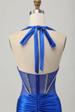 Sparkly Royal Blue Corset Halter Bodycon Short Prom Dress with Rhinestones