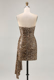 Sparkly Khaki Leopard Printed Tight Sequin Short Cocktail Dress