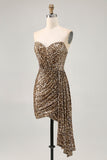 Sparkly Khaki Leopard Printed Tight Sequin Short Cocktail Dress