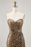 Sparkly Khaki Leopard Printed Tight Sequin Short Cocktail Dress