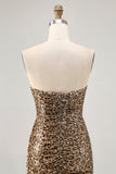 Sparkly Khaki Leopard Printed Tight Sequin Short Cocktail Dress