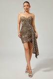 Sparkly Khaki Leopard Printed Tight Sequin Short Cocktail Dress