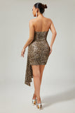 Sparkly Khaki Leopard Printed Tight Sequin Short Cocktail Dress