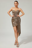 Sparkly Khaki Leopard Printed Tight Sequin Short Cocktail Dress