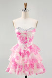 Fuchsia Floral Corset Sweetheart Tiered Short Prom Dress with Sequins