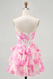 Fuchsia Floral Corset Sweetheart Tiered Short Prom Dress with Sequins