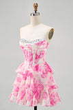 Fuchsia Floral Corset Sweetheart Tiered Short Prom Dress with Sequins