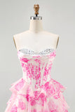 Fuchsia Floral Corset Sweetheart Tiered Short Prom Dress with Sequins