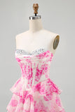 Fuchsia Floral Corset Sweetheart Tiered Short Prom Dress with Sequins