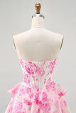 Fuchsia Floral Corset Sweetheart Tiered Short Prom Dress with Sequins