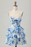 White and Blue Floral Corset Sweetheart Tiered Short Prom Dress with Sequins