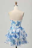 Fuchsia Floral Corset Sweetheart Tiered Short Prom Dress with Sequins