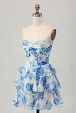 Fuchsia Floral Corset Sweetheart Tiered Short Prom Dress with Sequins