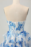Fuchsia Floral Corset Sweetheart Tiered Short Prom Dress with Sequins