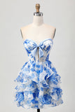 White and Blue Sweetheart Corset Floral Ruffled Short Prom Dress with Bow