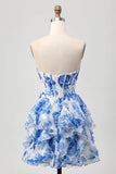 White and Blue Sweetheart Corset Floral Ruffled Short Prom Dress with Bow