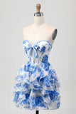 White and Blue Sweetheart Corset Floral Ruffled Short Prom Dress with Bow