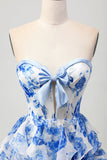 White and Blue Sweetheart Corset Floral Ruffled Short Prom Dress with Bow