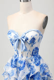 White and Blue Sweetheart Corset Floral Ruffled Short Prom Dress with Bow