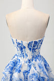 White and Blue Sweetheart Corset Floral Ruffled Short Prom Dress with Bow