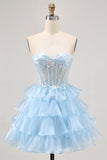 Sparkly Pink Corset Sweetheart Ruffled Short Cocktail Dress with Lace