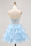 Sparkly Blue Sweetheart Ruffled Short Corset Prom Dress with Sequins